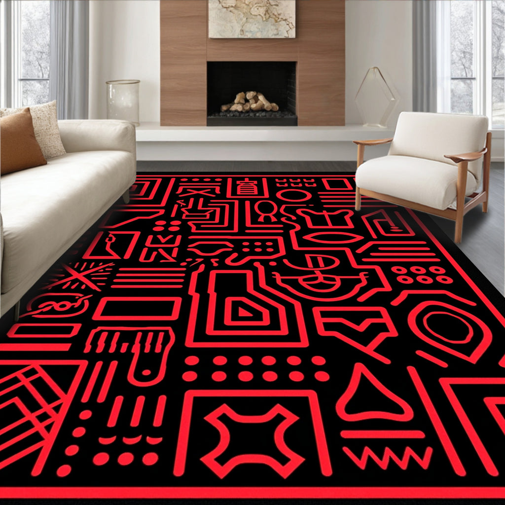 Red Futuristic Circuit Board Graphic Rug