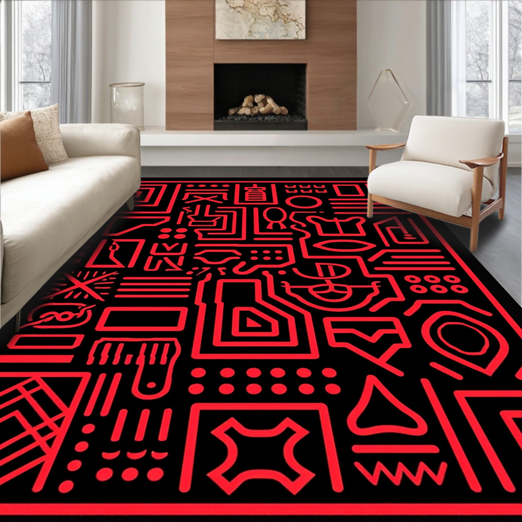 Red Futuristic Circuit Board Graphic Rug