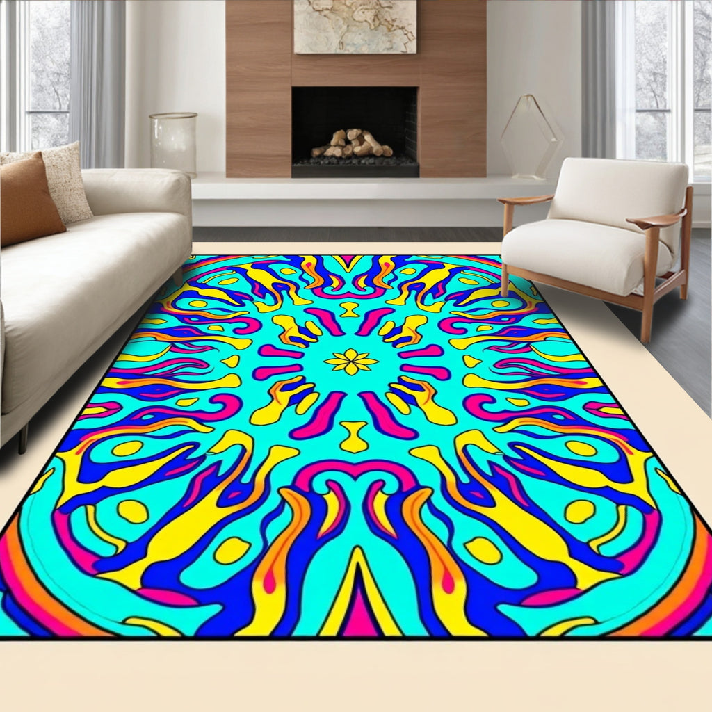 Vibrant Cyan Psychedelic Sunburst Rug