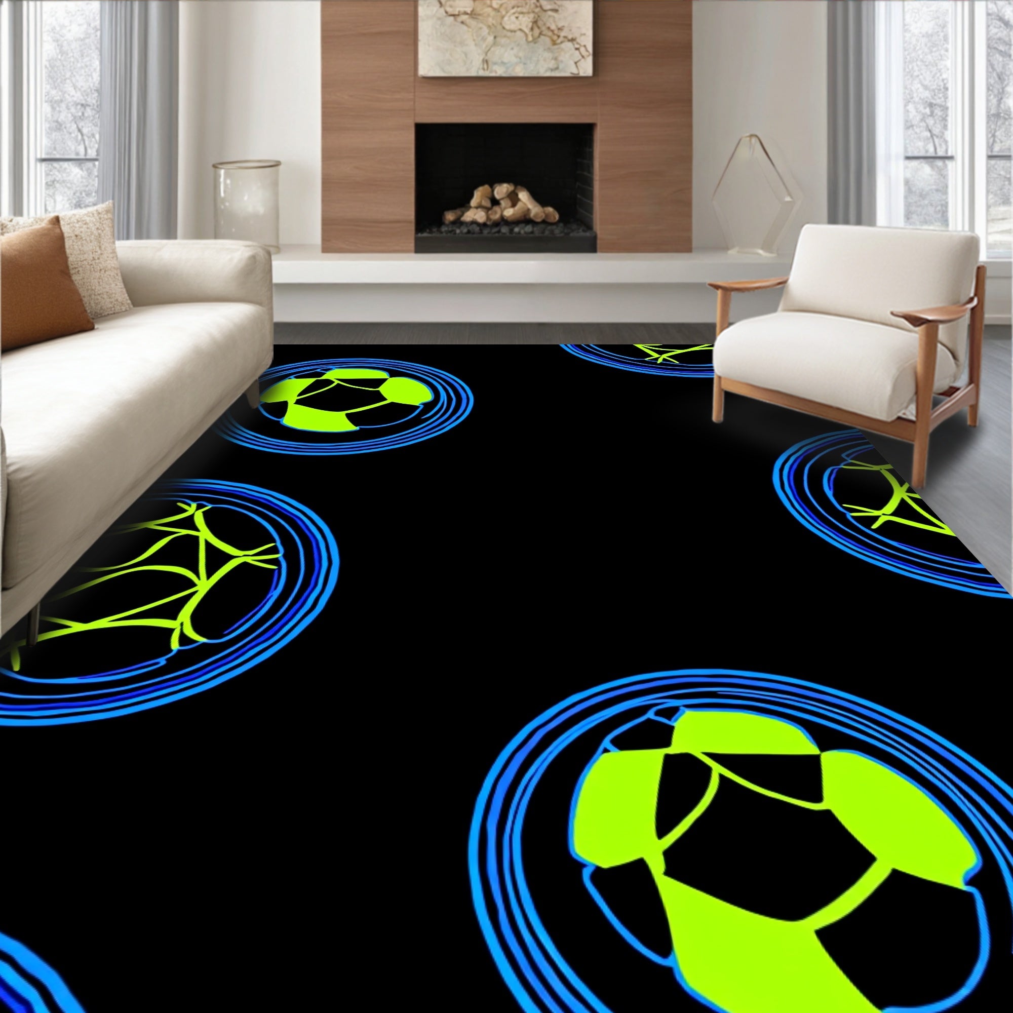 Neon Blue Green Soccer Orb Rug