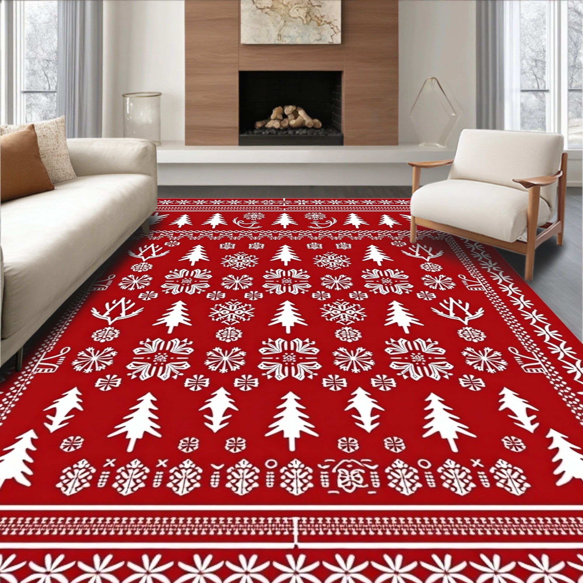 Rustic Red Winter Forest Snowflakes Rug