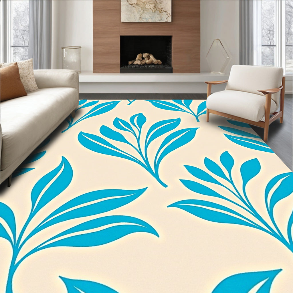 Bright Teal Leafy Sprigs Botanical Rug