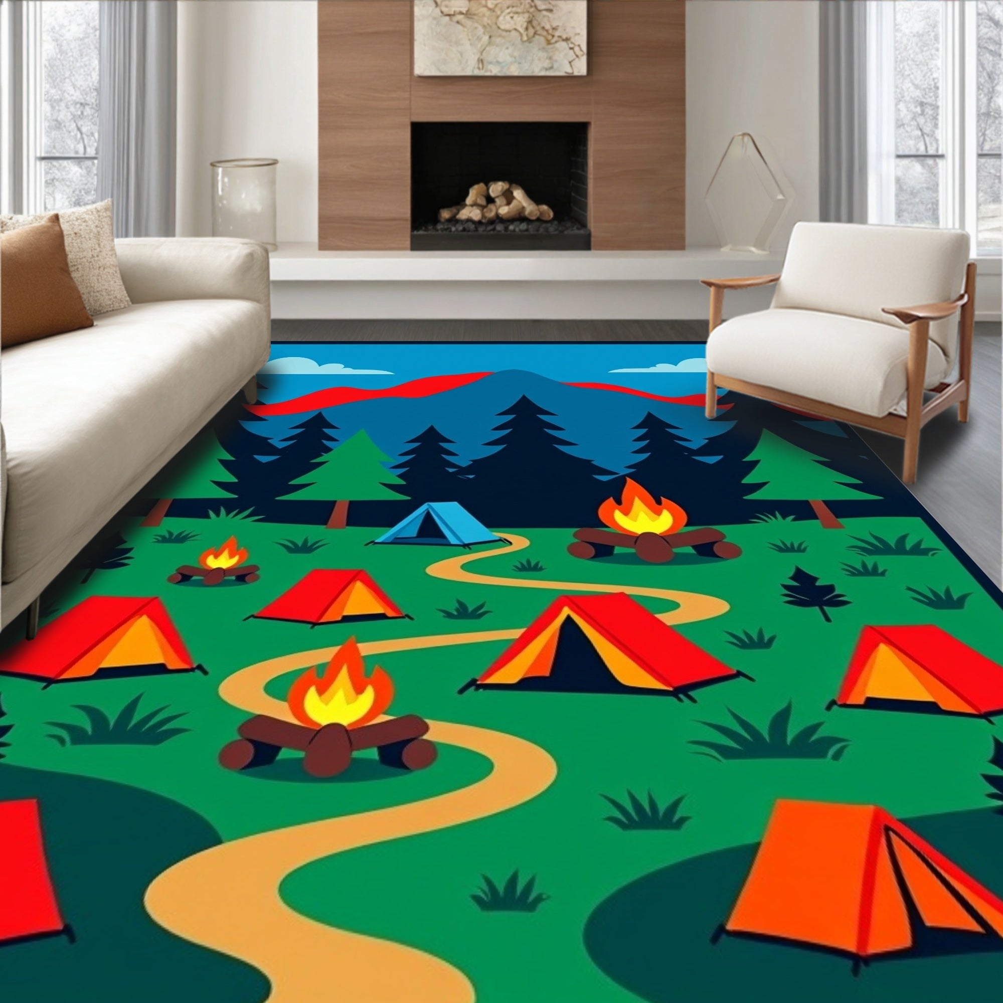 Vibrant Camping Scene Forest Mountains Rug
