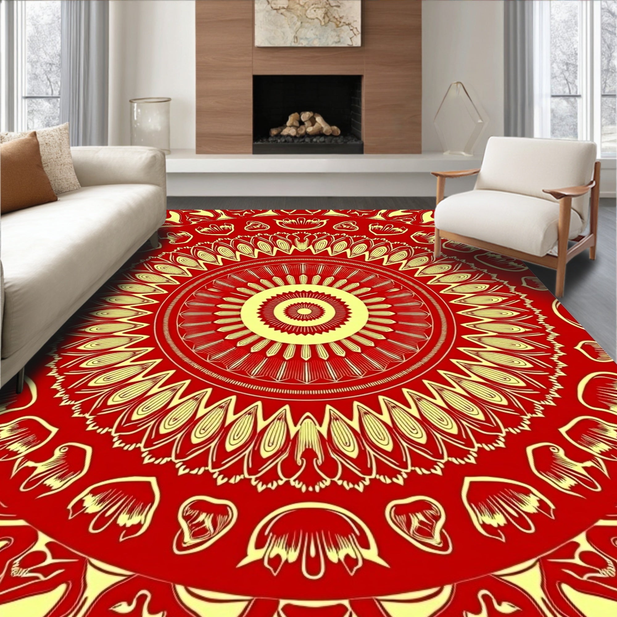 Crimson Yellow Mandala Sunburst Rug