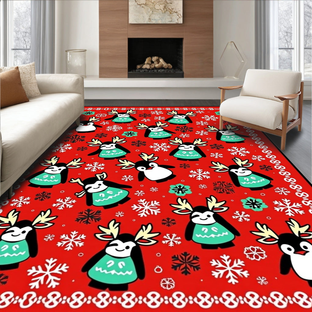 Red Christmas Penguin Snowflakes Rug