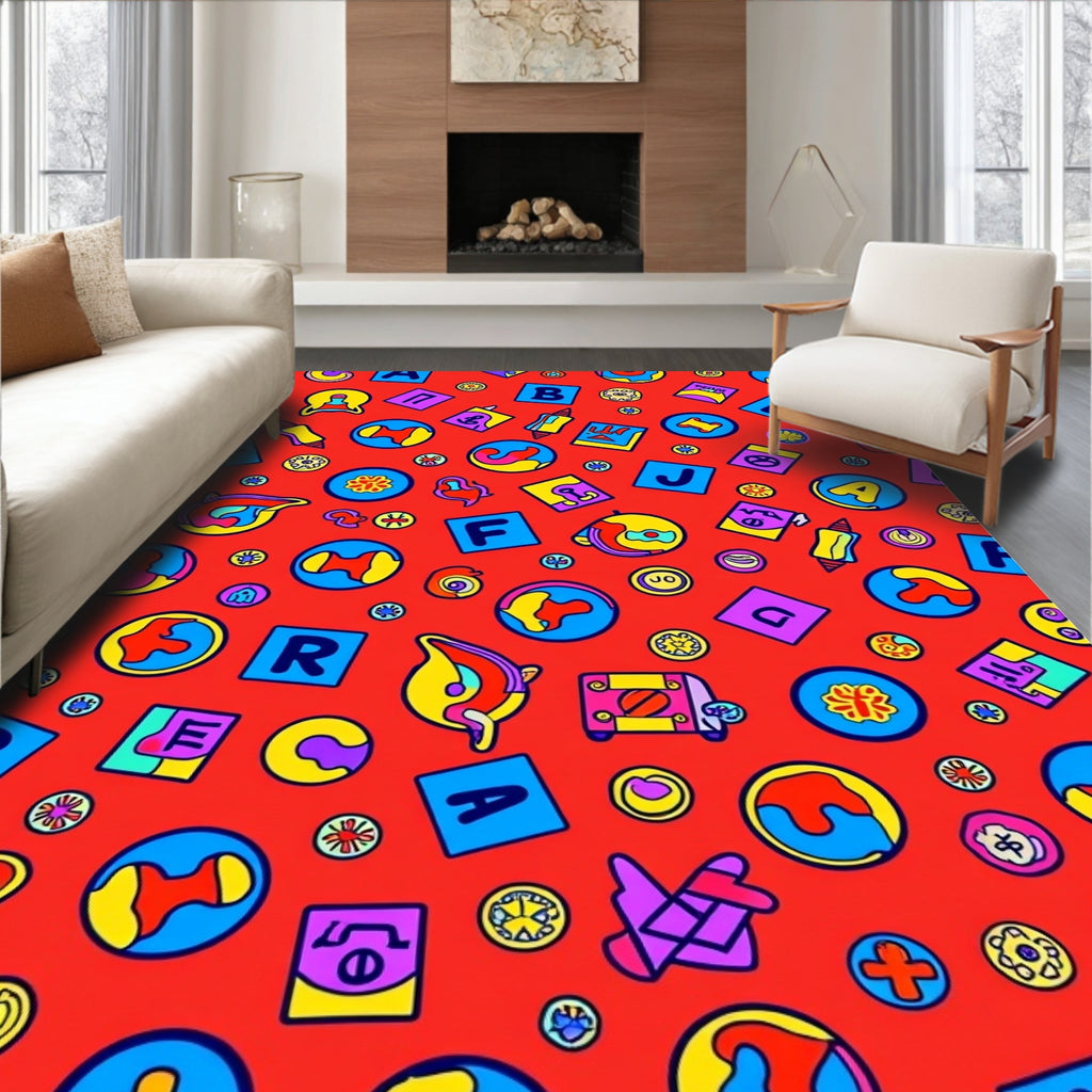 Bright Red Playful Alphabet Collage Rug