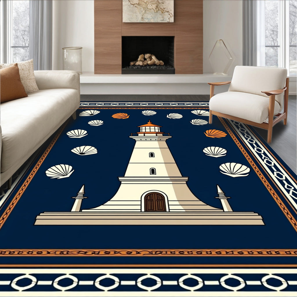 Coastal Lighthouse and Seashells Navy Orange Rug