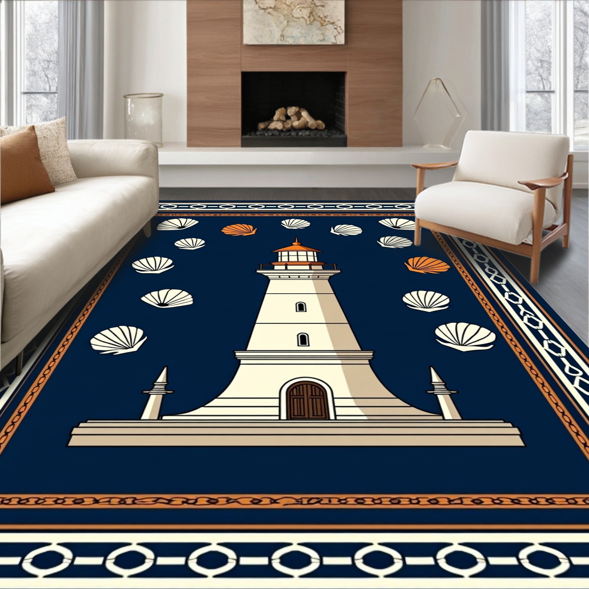 Coastal Lighthouse and Seashells Navy Orange Rug
