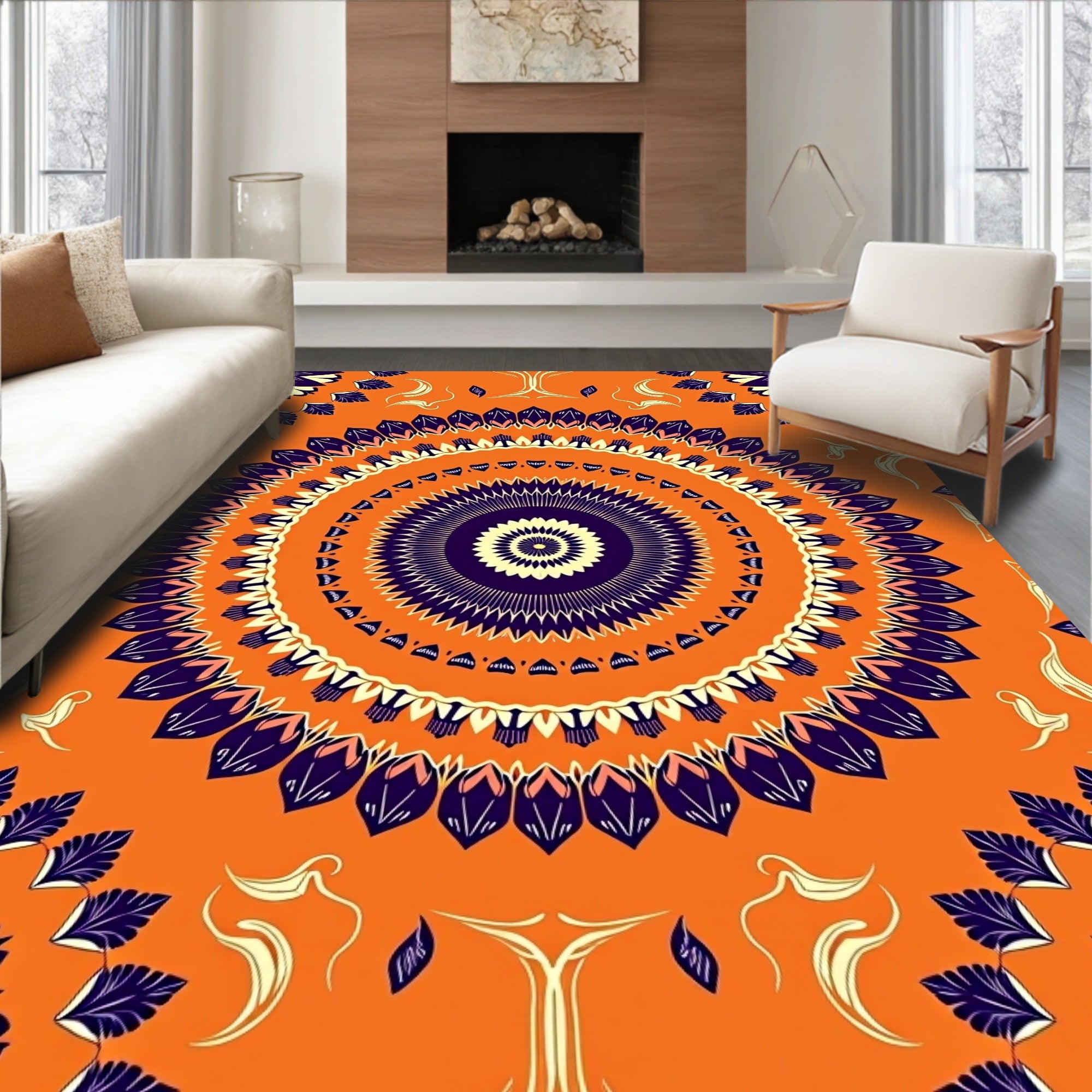 Vibrant Orange Mandala Starburst Rug