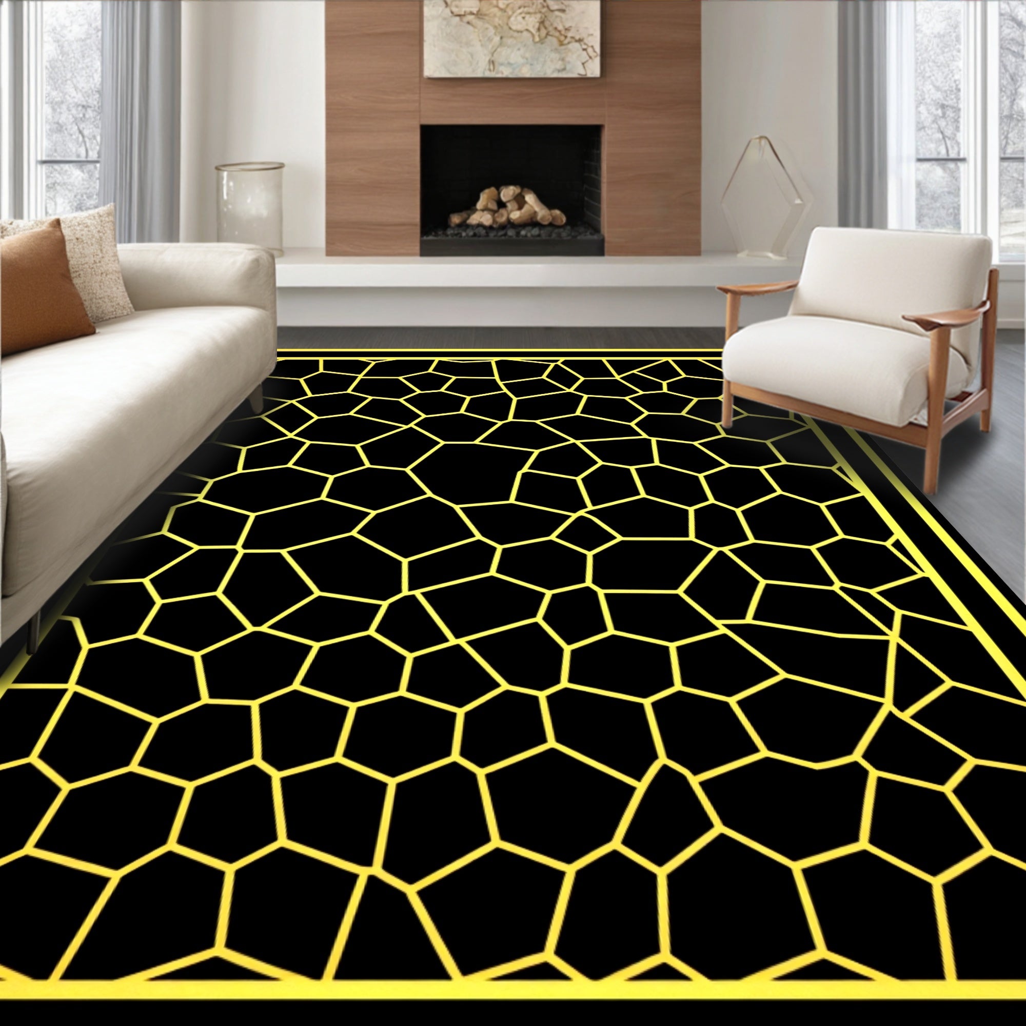 Golden Black Irregular Geometric Border Rug