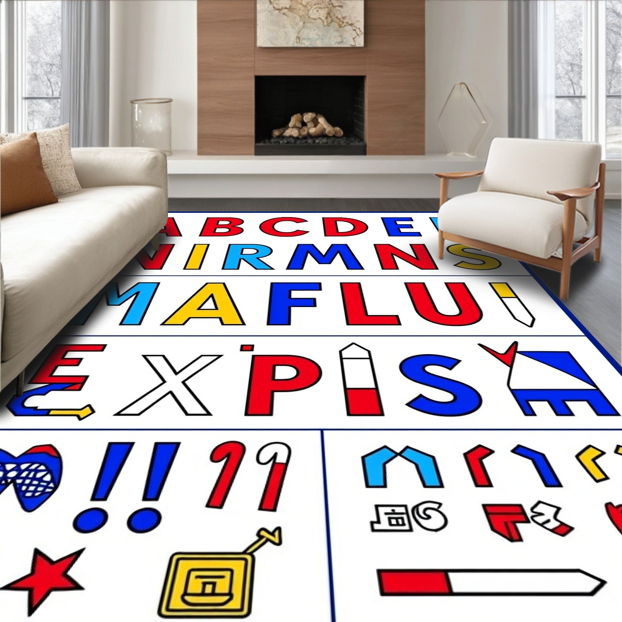 Alphabetical Bold Red Blue Yellow Characters Rug