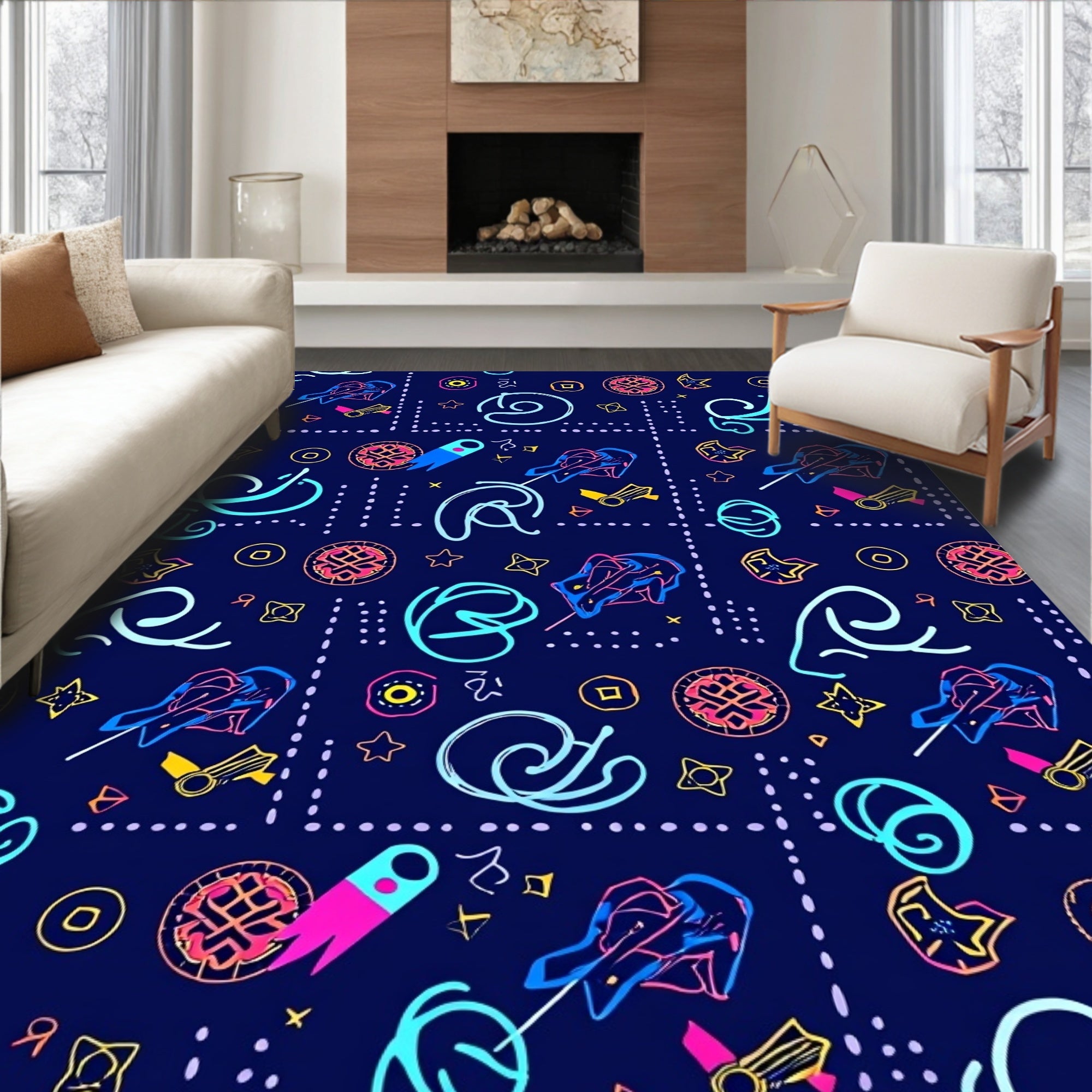 Funky Pink Blue Neon Geometric Collage Rug