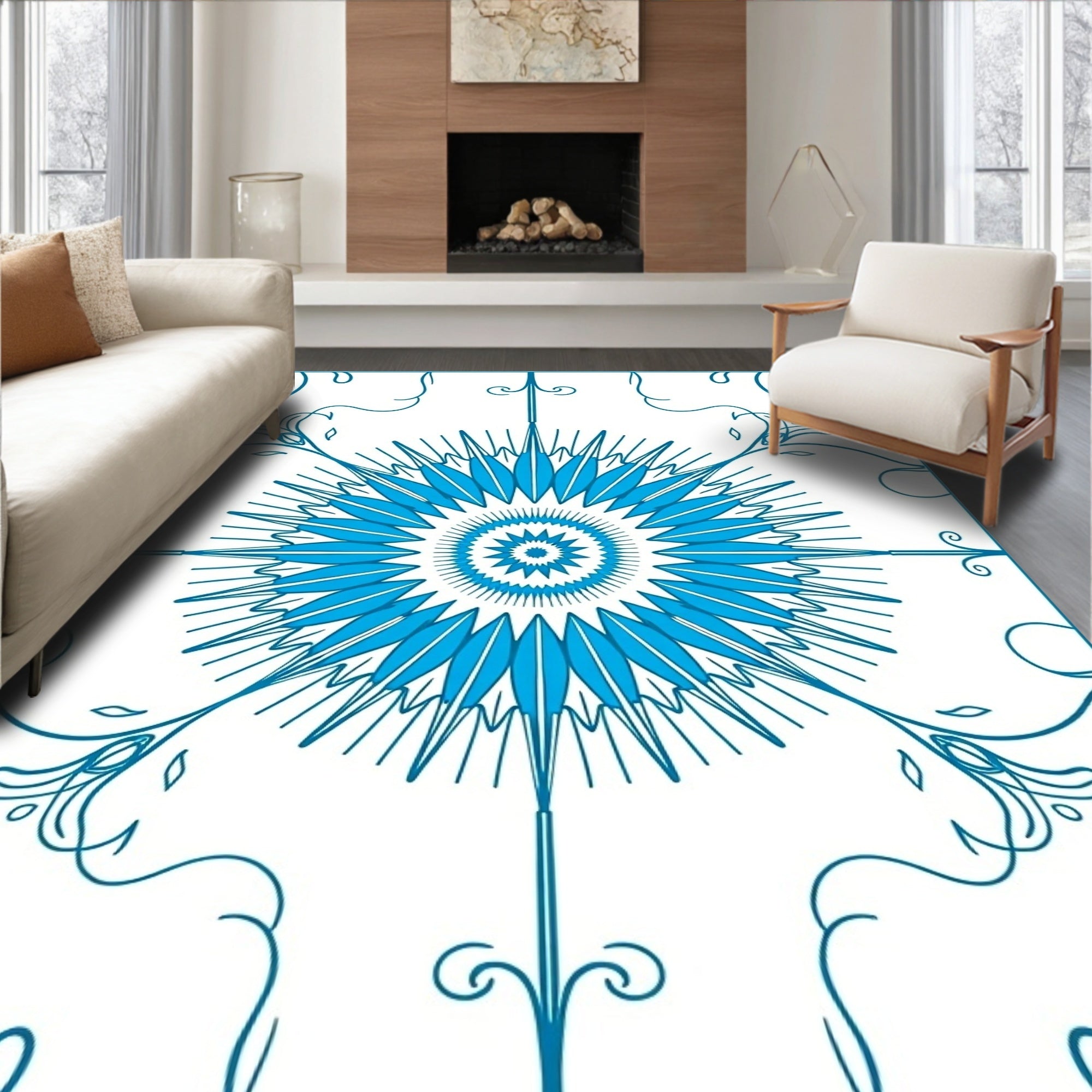 Bold Blue Sunburst Mandala Rug