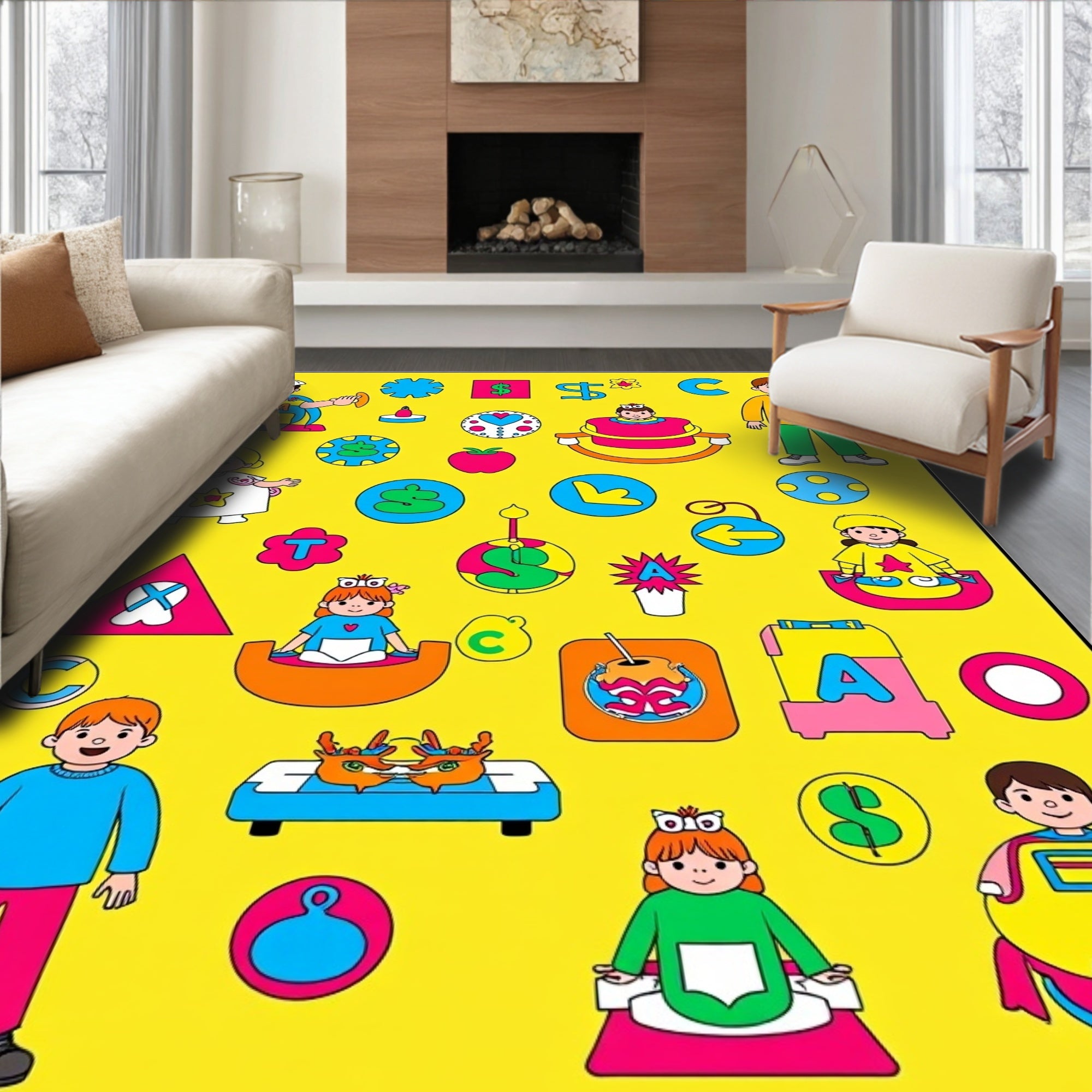 Childrens Alphabet Yellow Playful Collage Rug