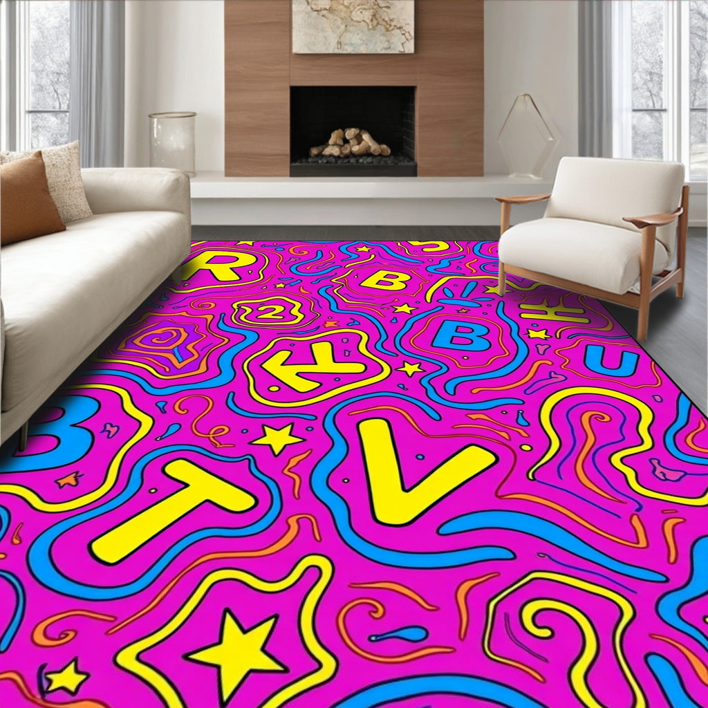 Bold Pink Yellow Blue Alphabet Swirls Rug