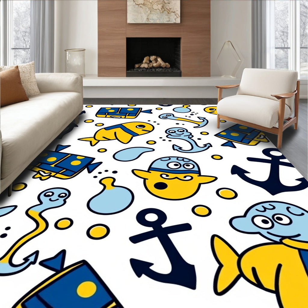 Nautical Yellow Blue Marine Creatures Rug