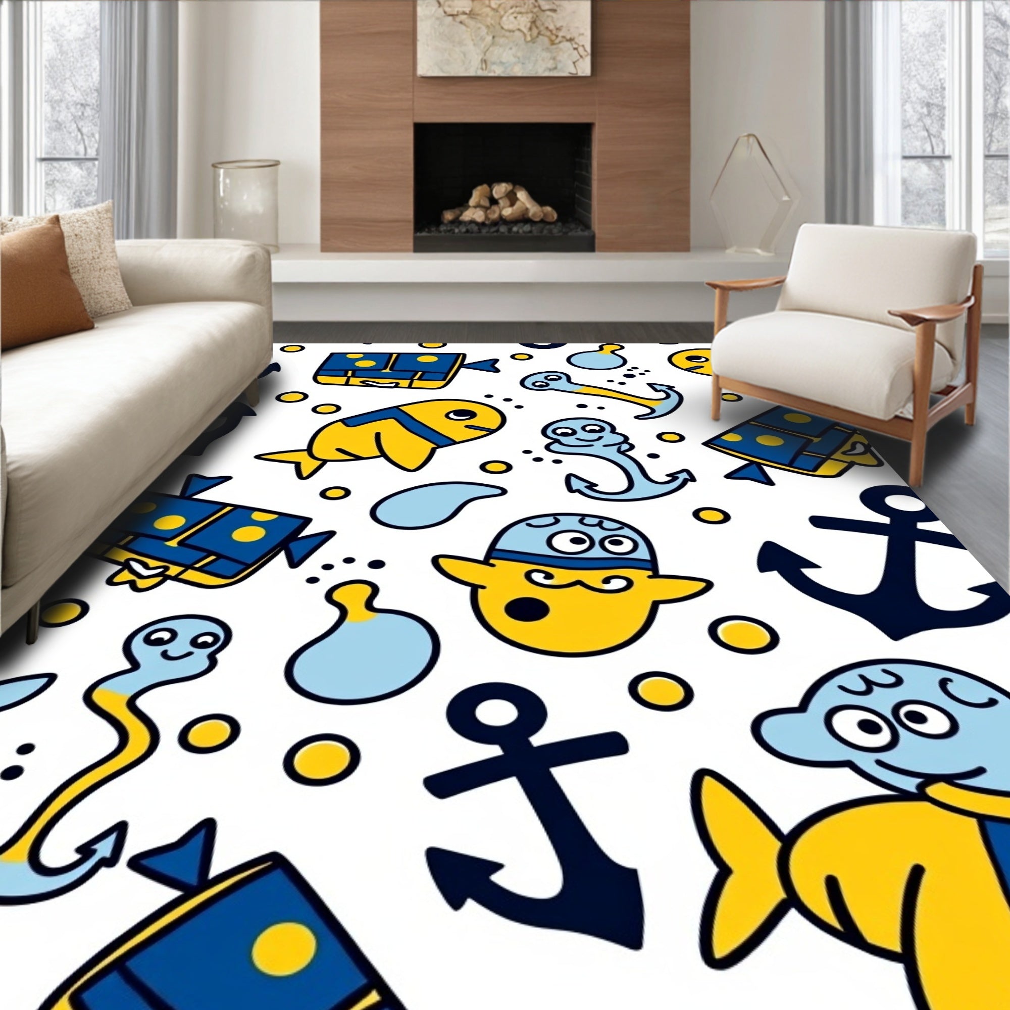 Nautical Yellow Blue Marine Creatures Rug