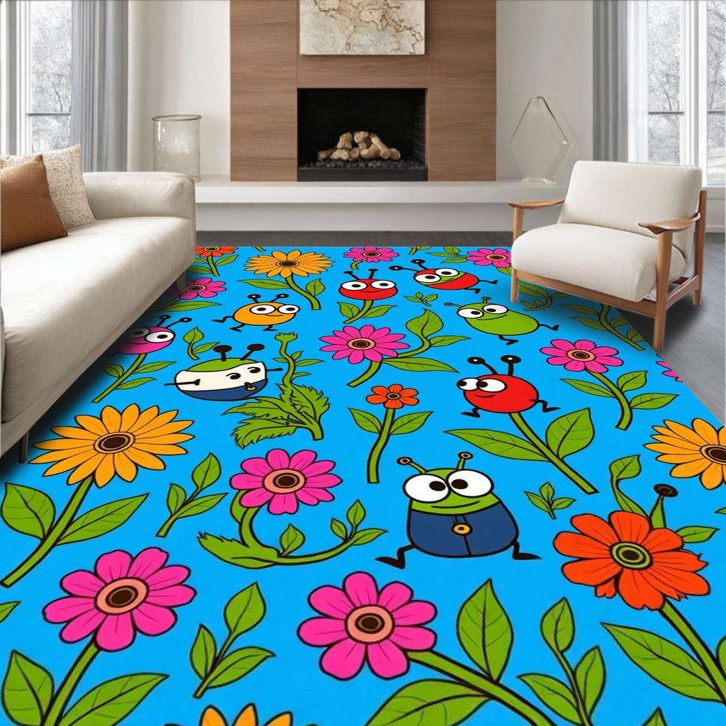 Whimsical Ladybug Flower Garden Rug
