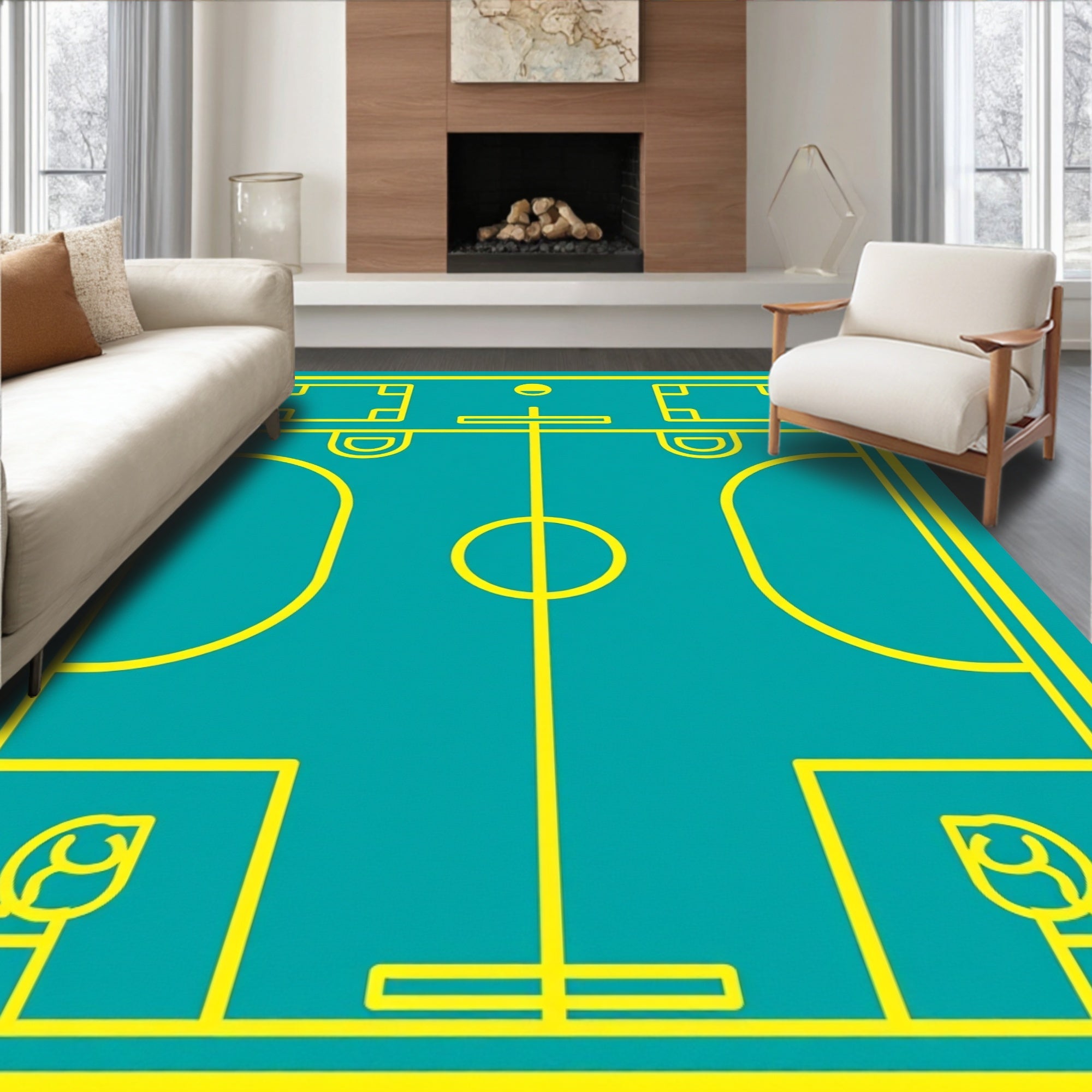 Yellow Court Lines Teal Rug