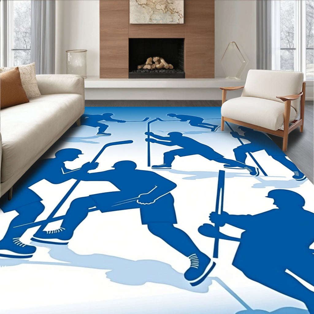Blue Hockey Players Action Silhouette Rug