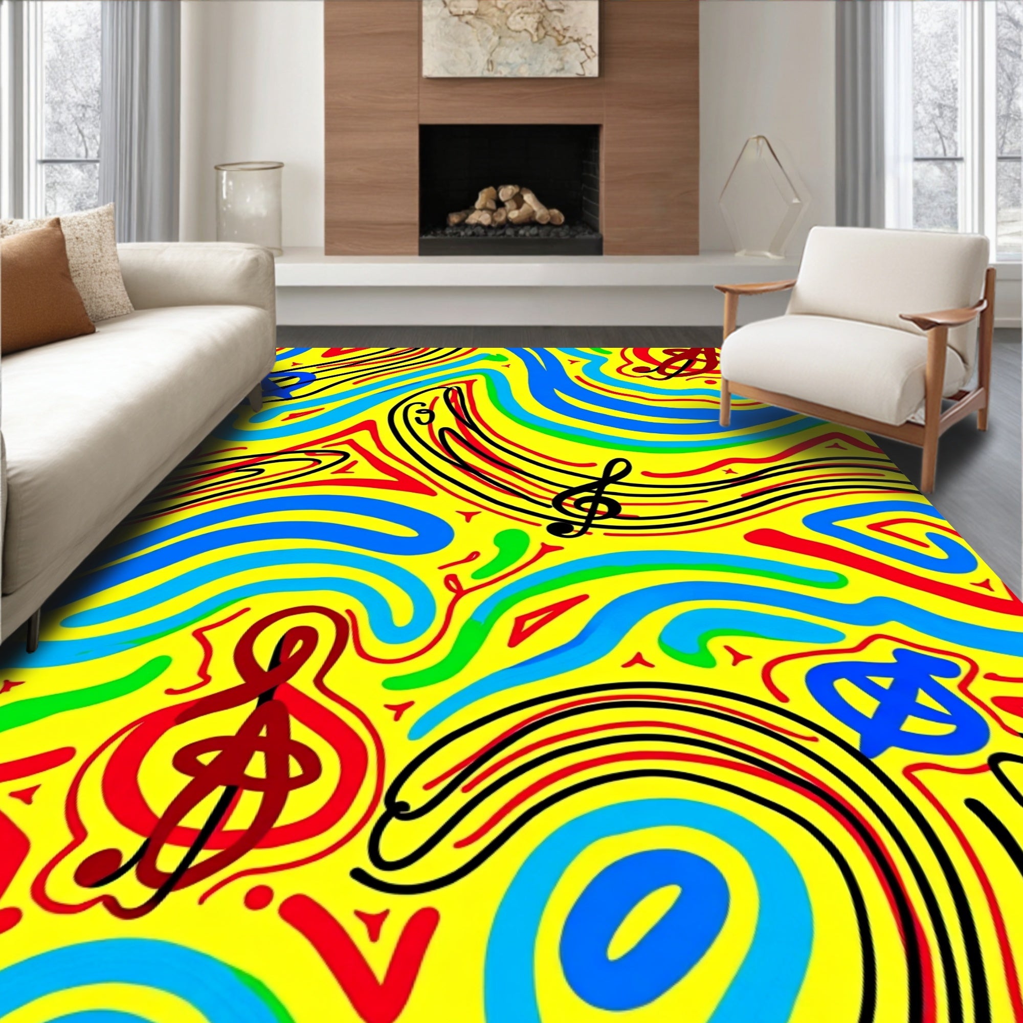Groovy Yellow Music Notes Waves Rug