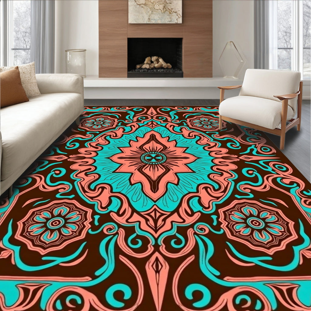 Coral Teal Floral Symmetry Rug