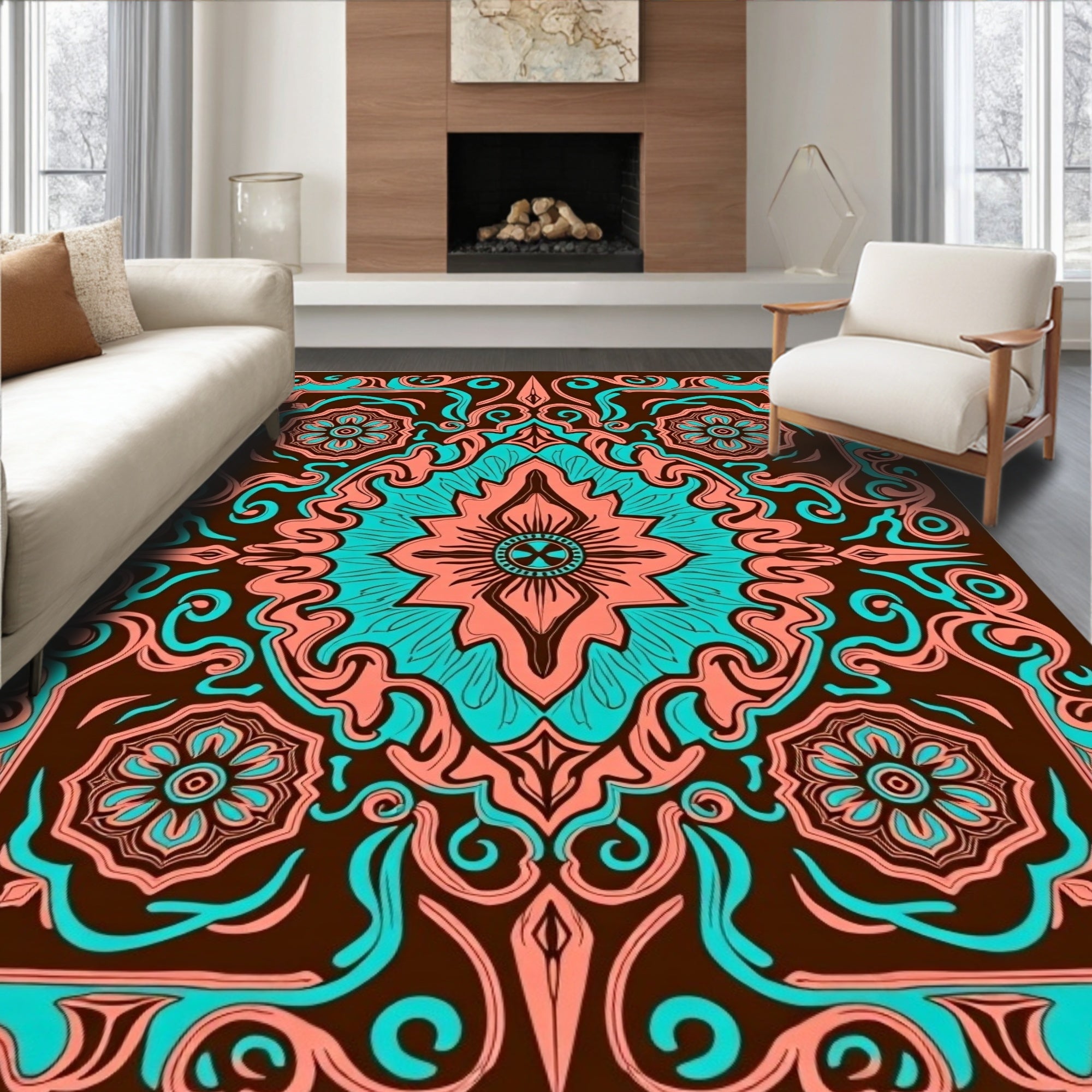 Coral Teal Floral Symmetry Rug