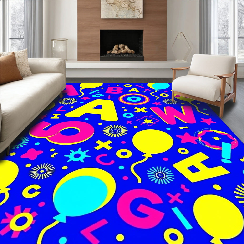 Bold Yellow Alphabet Party Balloons Rug