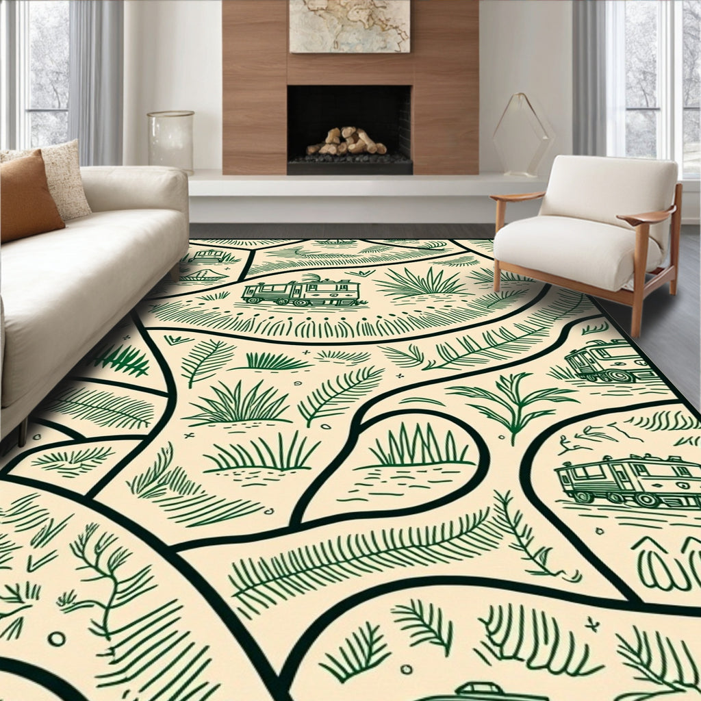 Vintage Train Green Nature Landscape Rug
