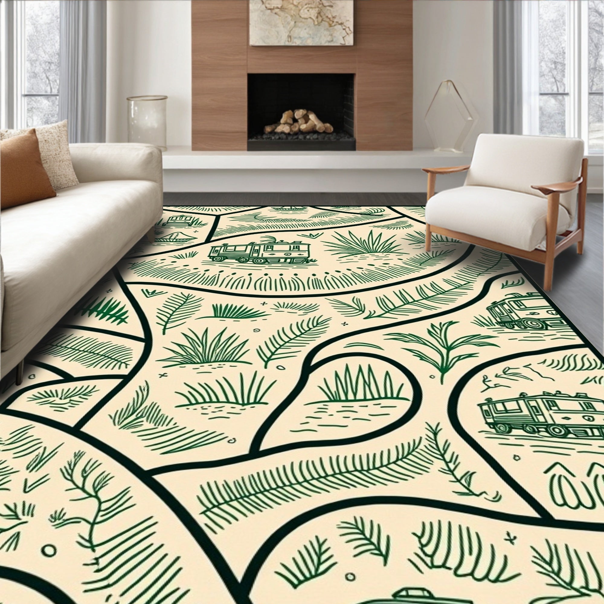 Vintage Train Green Nature Landscape Rug