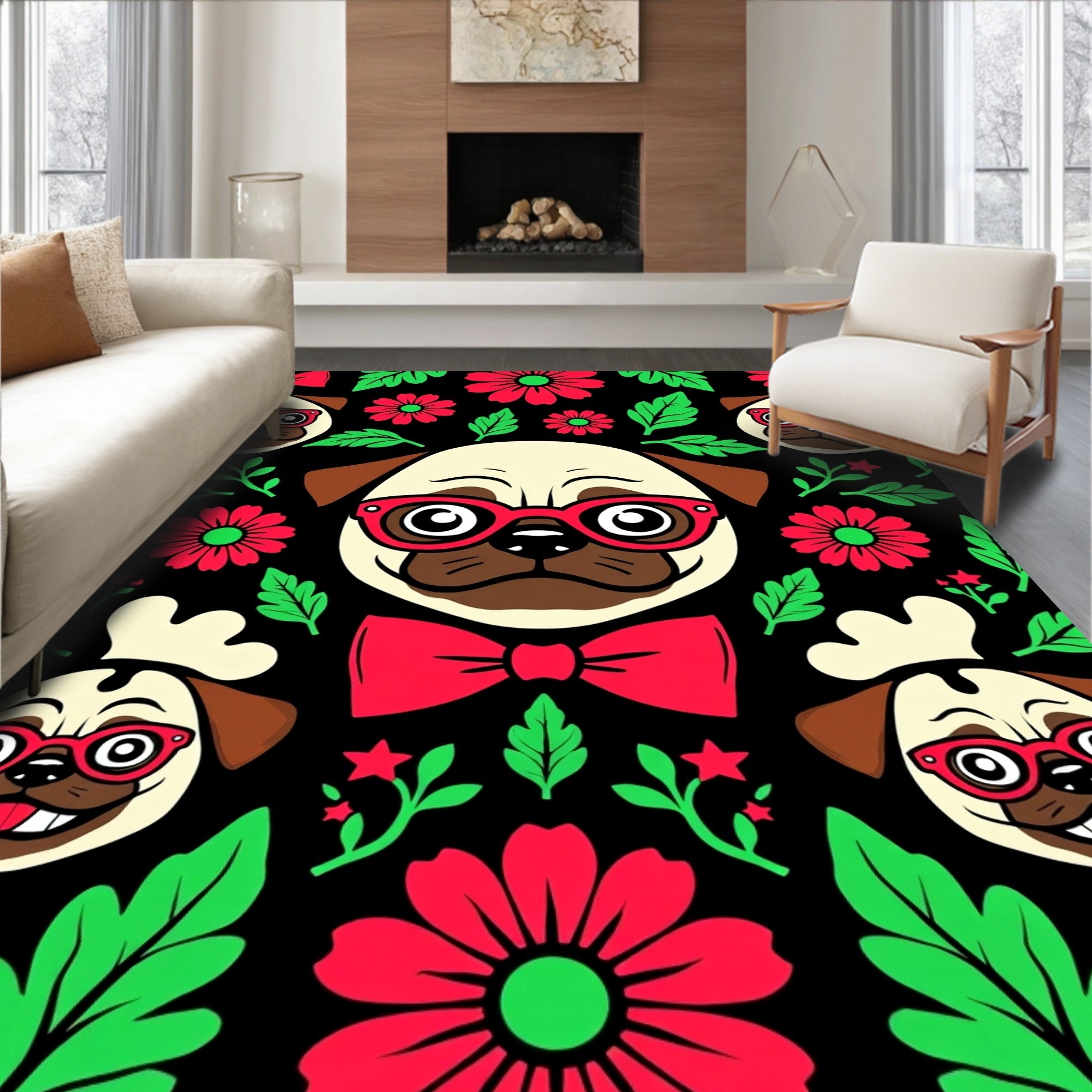 Playful Red Glasses Pug Floral Collage Rug