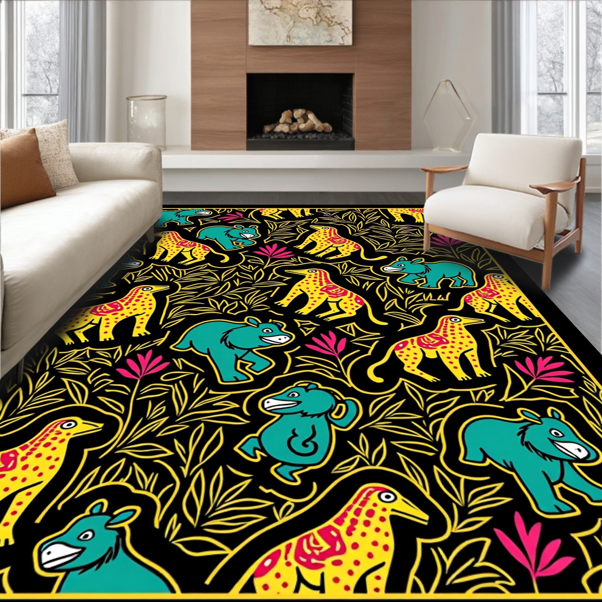 Teal Bear Yellow Spotted Animal Foliage Rug