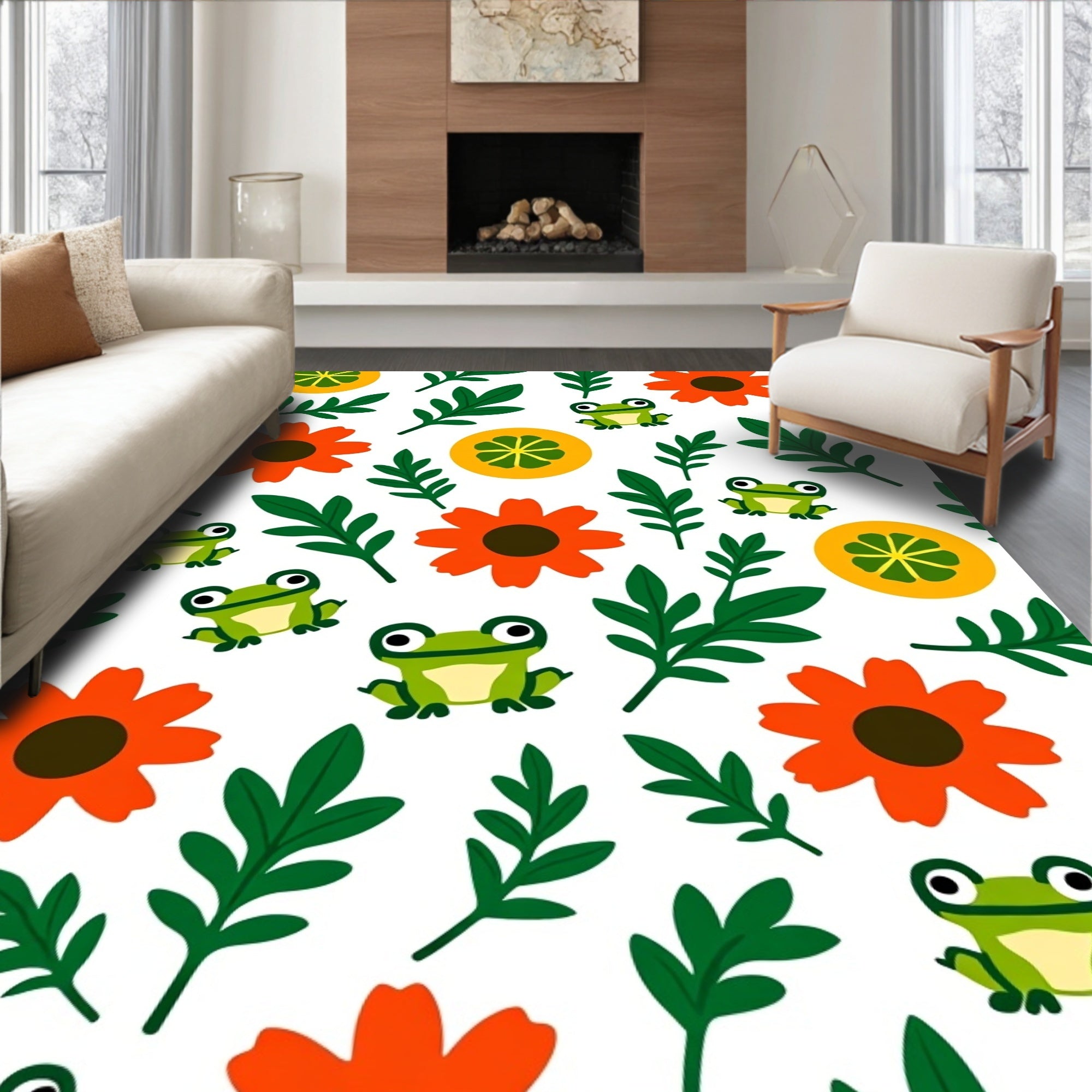Cute Frogs Orange Flowers Green Leaves Rug