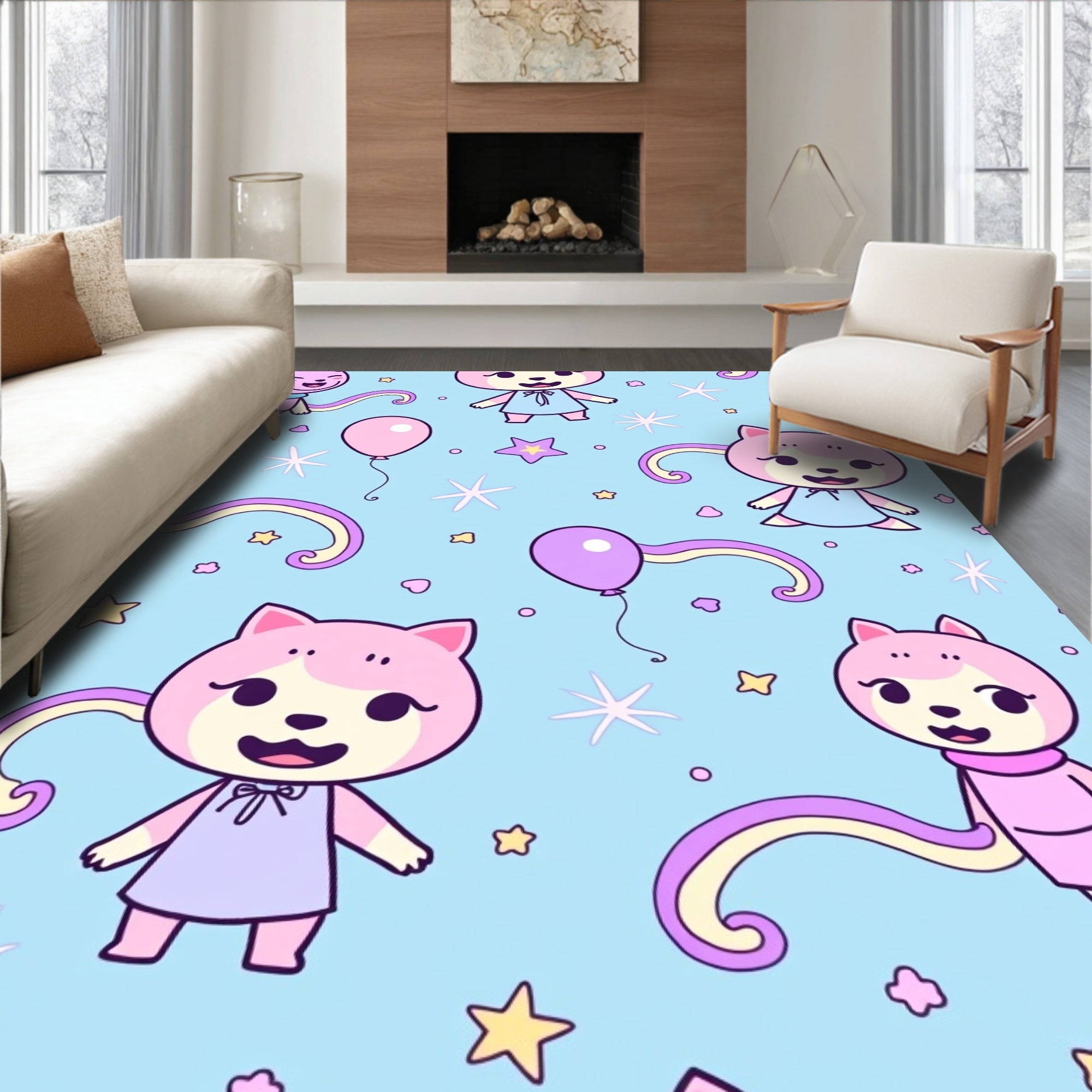Charming Pink Cat Whimsical Stars Balloons Rug
