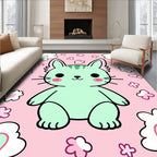 Kawaii Mint Cat Pink Floral Meadow Rug