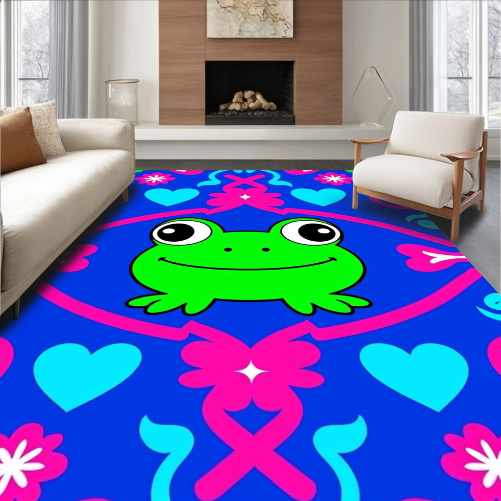Whimsical Frog Heart Floral Royal Blue Rug