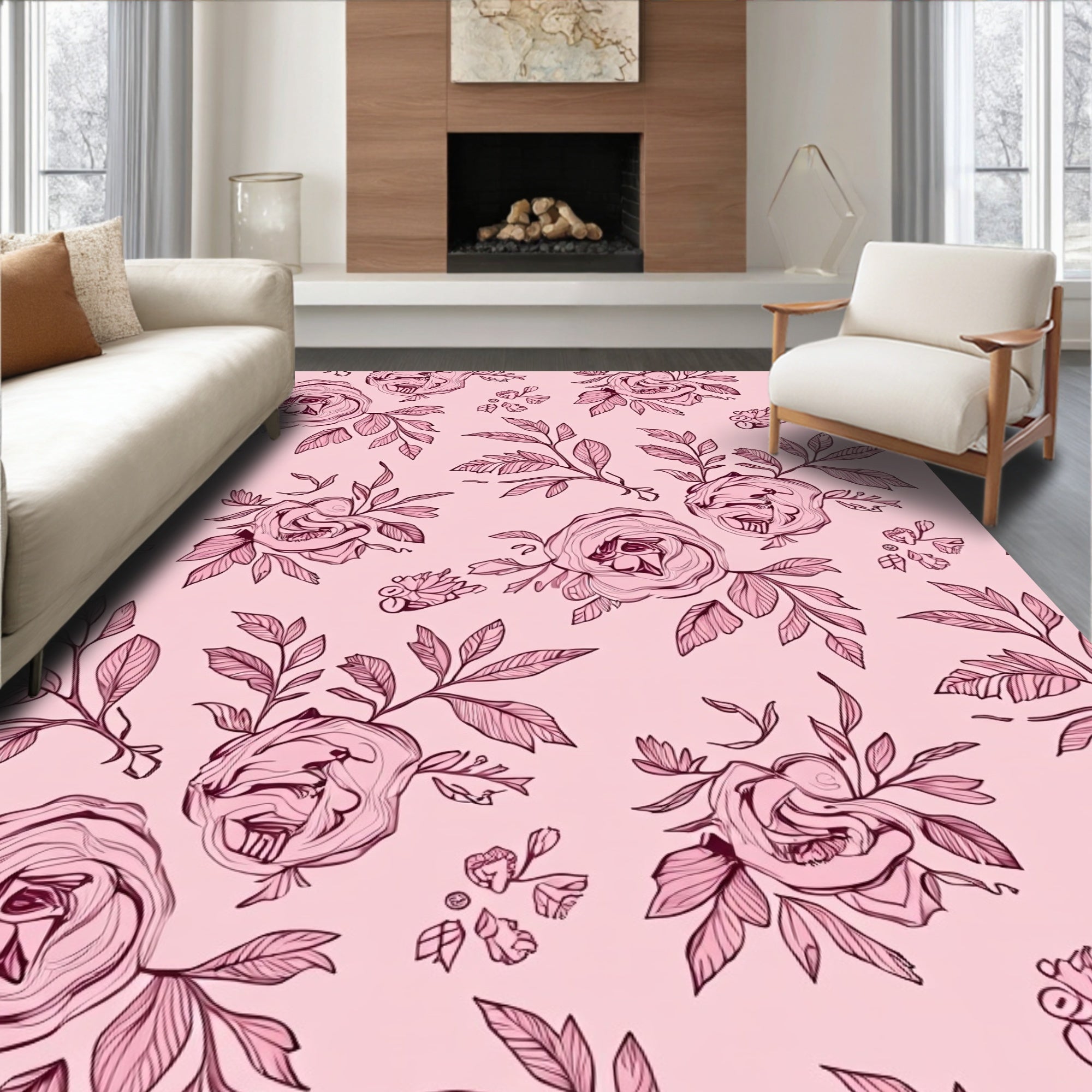 Pink Rose Branch Illustration Rug