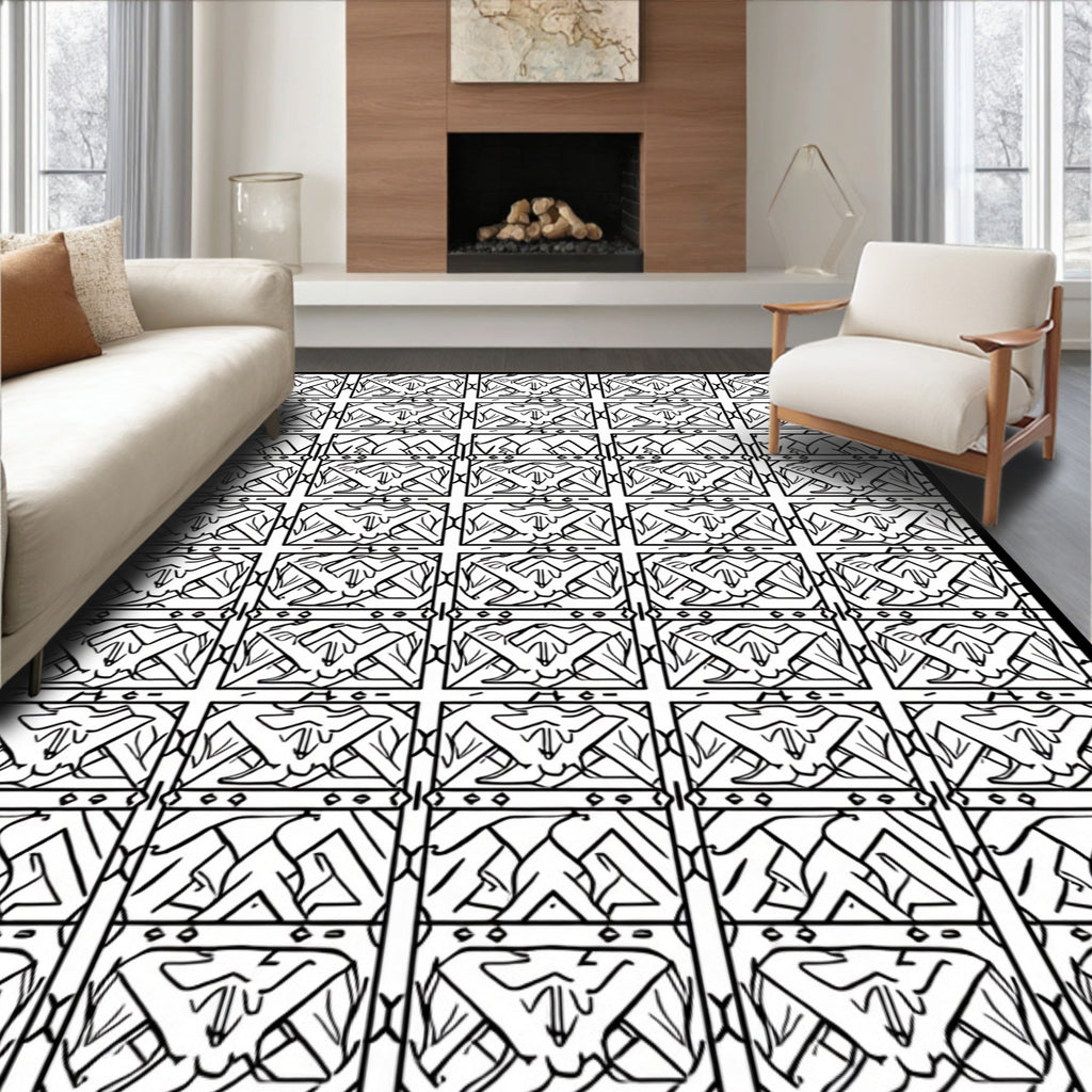 Modern Black White Geometric Grid Rug