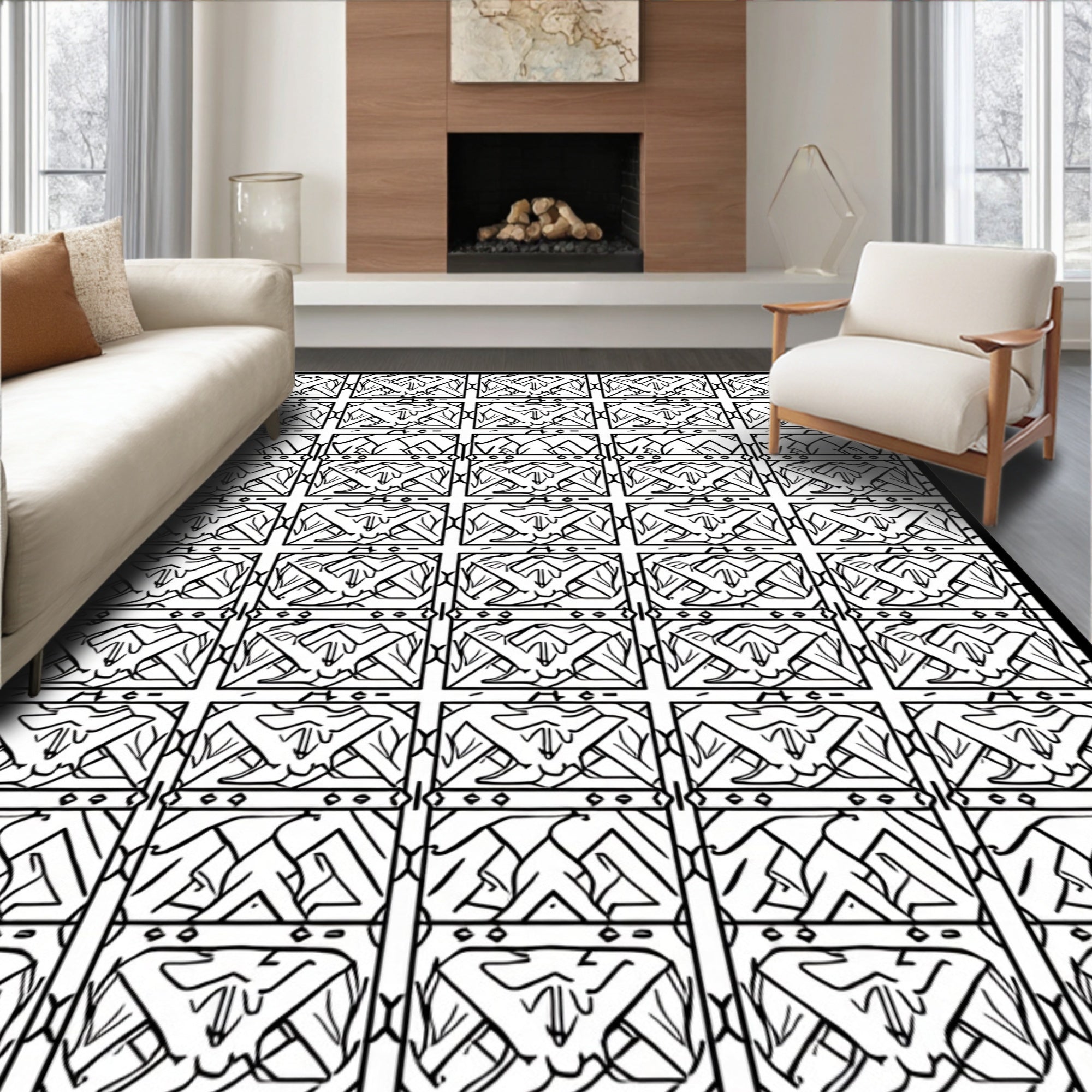 Modern Black White Geometric Grid Rug