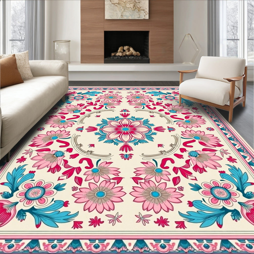 Pink Blue Floral Medallion Border Rug