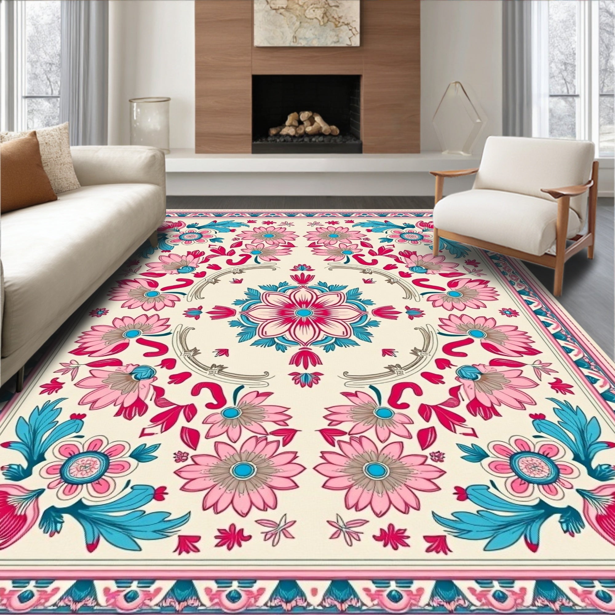 Pink Blue Floral Medallion Border Rug