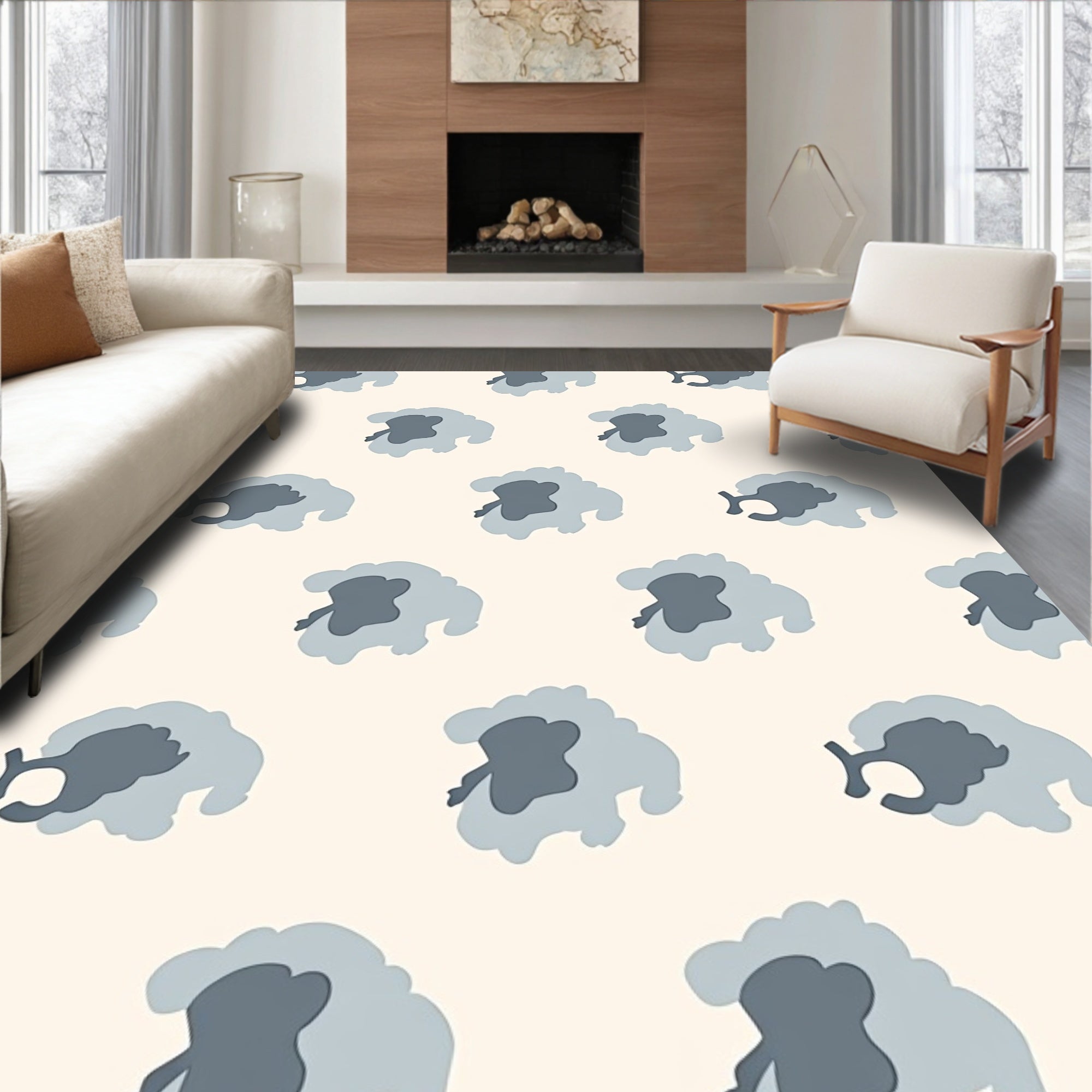 Whimsical Gray Sheep Meadow Rug