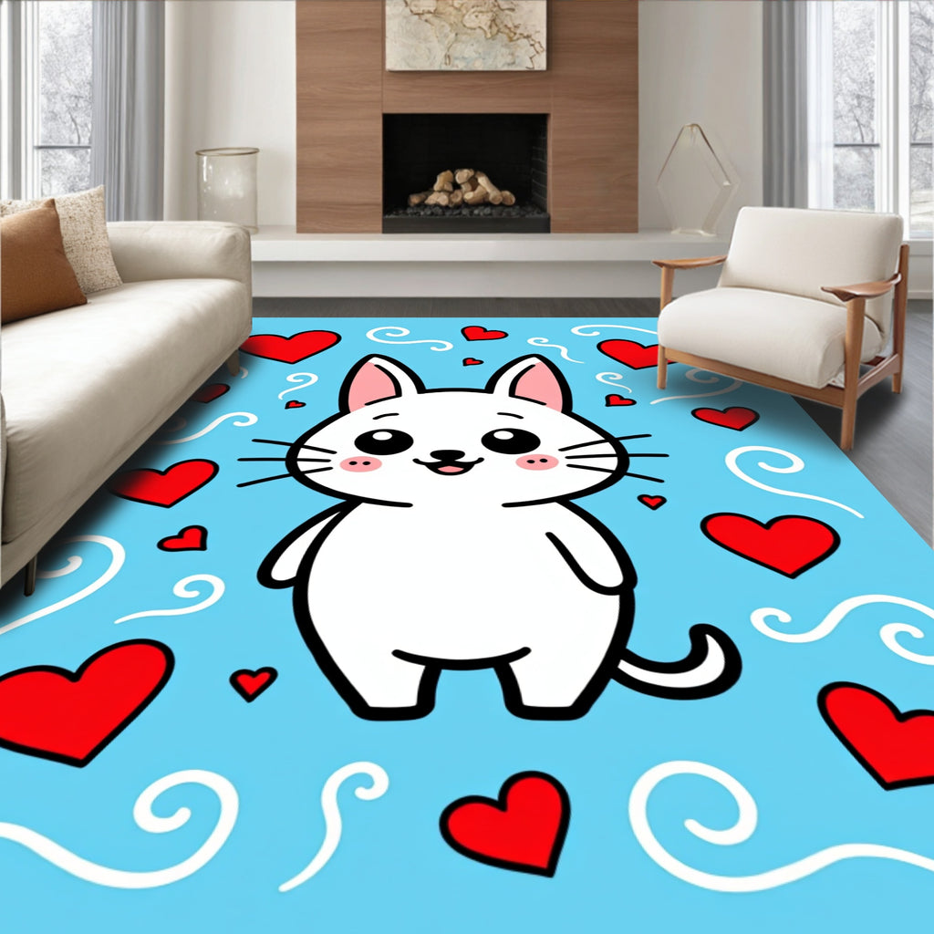 Cute White Cat Red Hearts Swirls Rug
