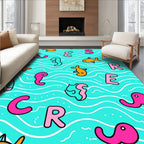 Whimsical Teal Fish Alphabet Collage Rug