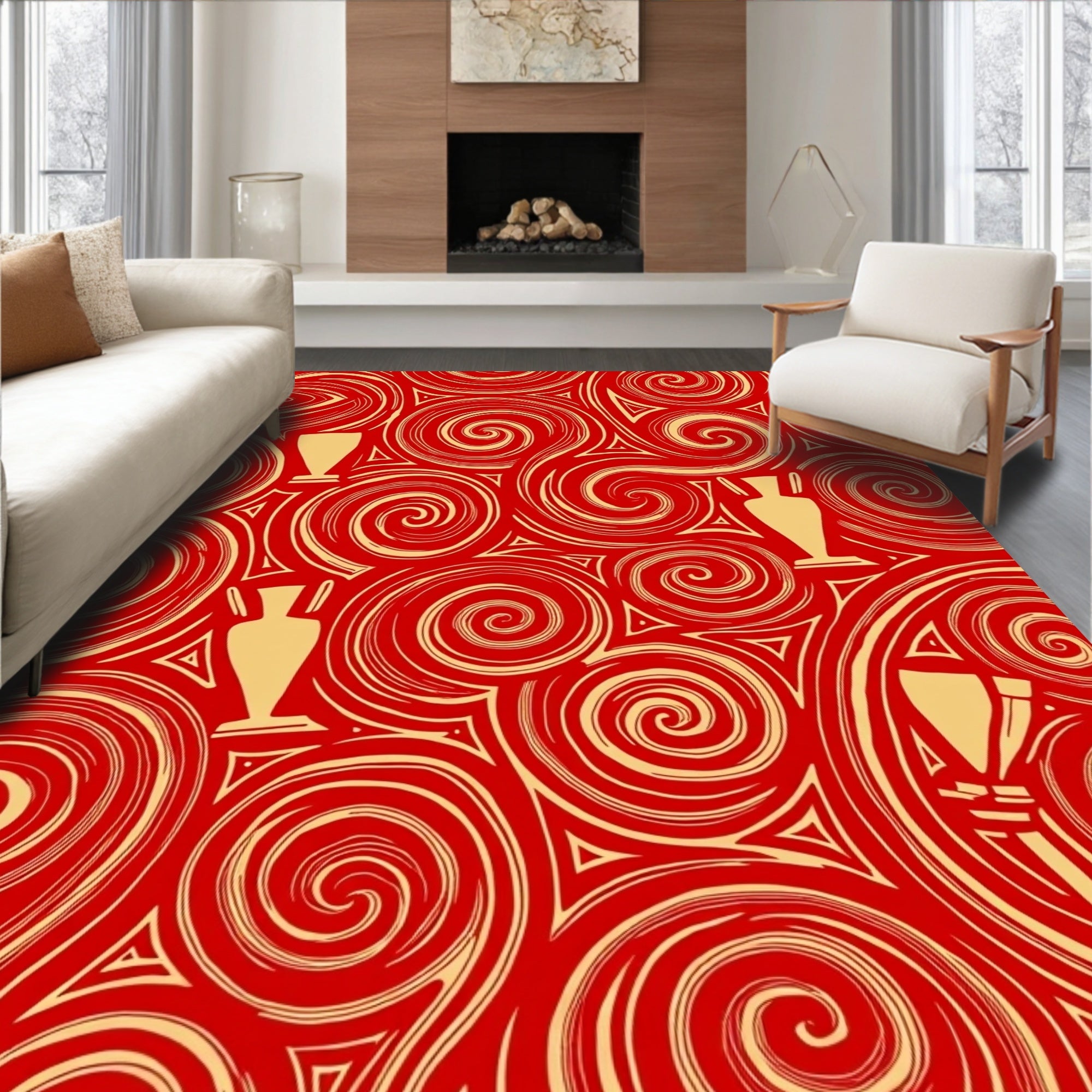 Red Gold Swirl Vase Brocade Rug
