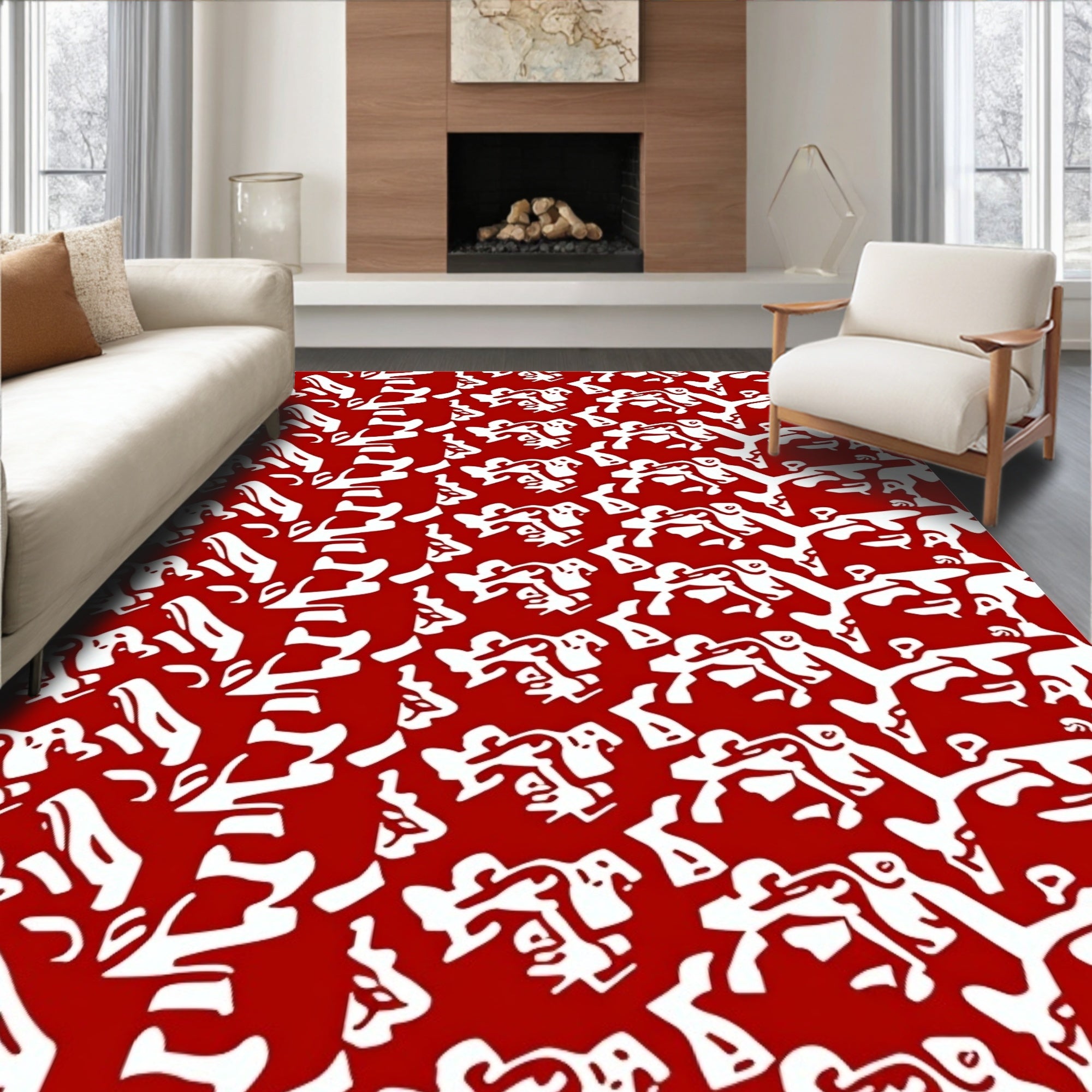 Crimson White Organic Abstract Forms Rug