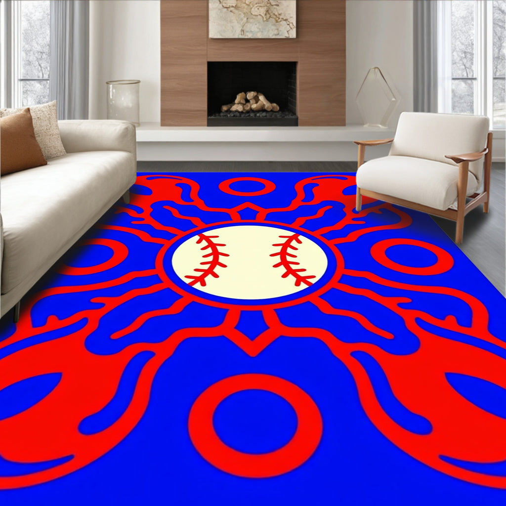 Vibrant Red Baseball Sunburst Rug