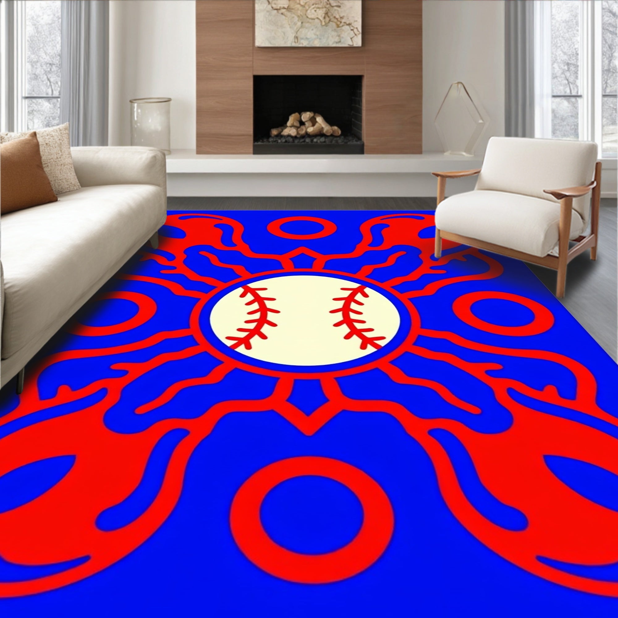 Vibrant Red Baseball Sunburst Rug