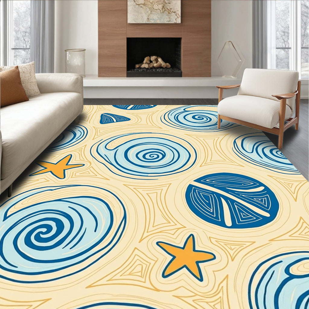 Coastal Blue Swirls Starfish Motif Rug