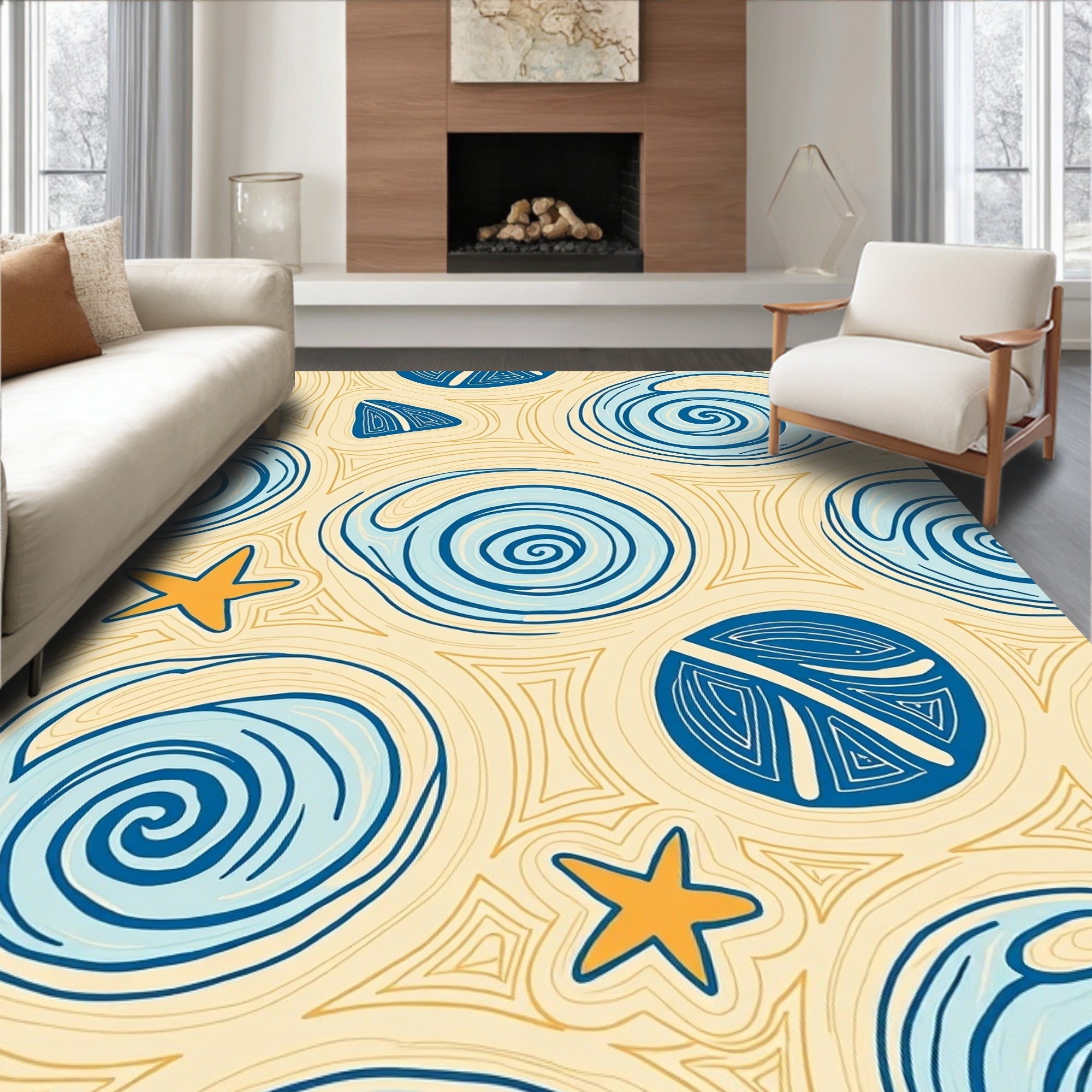 Coastal Blue Swirls Starfish Motif Rug